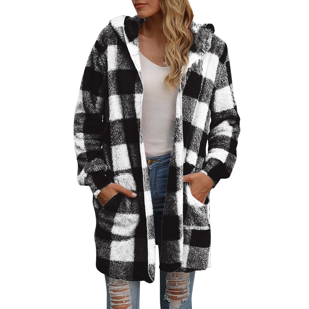 Women's Casual Plush Long Sleeve Plaid Hooded With Pocket Loose Cardigan Coat