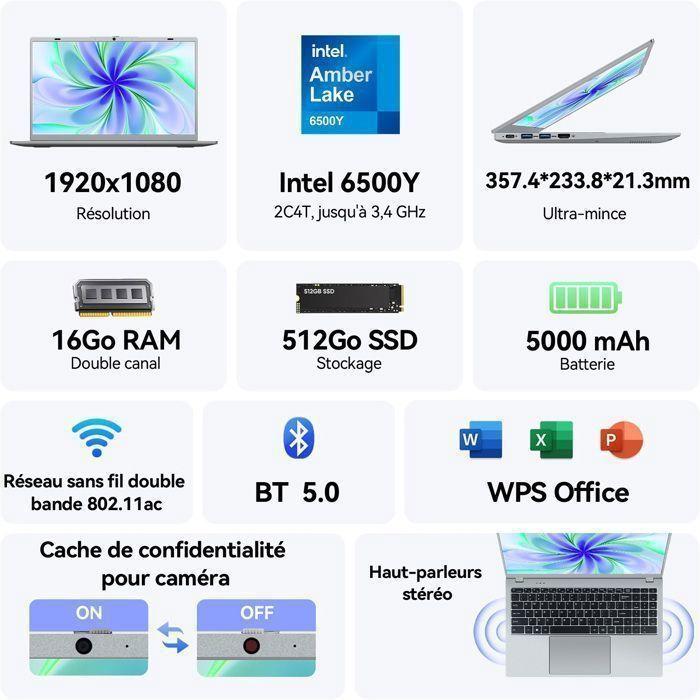 PC Portable -15.6 ''FHD-Intel Pentium Gold 6500Y(Jusqu'à 3.4 GHz)-16Go RAM-512Go SSD-ordinateur Portable-Windows 11 Pro