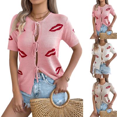 Women's Casual Knit Tie,front Short,sleeved Cardigan Top ,Valentine's Day Edition,