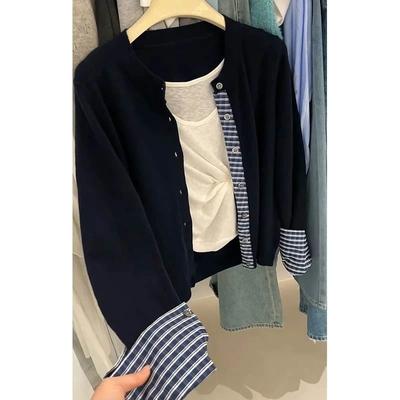 Kontrastfarbe Fake-Zweiteiler Karomuster Cardigan Frühling Lässig Damen Oberteil Weicher Wachsiger Strickpullover Jacke