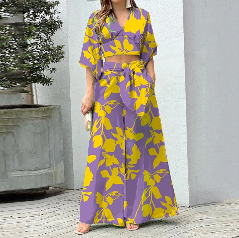 European and American women's clothing, new spring models, fashionable flower printing slim-fitting wide-leg trousers set