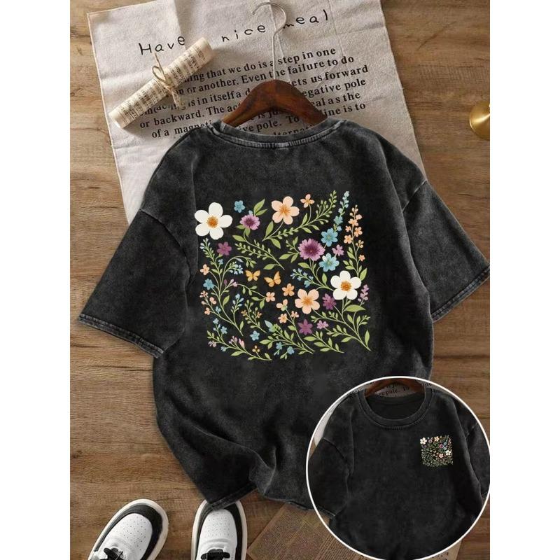 Blumenprint Retro Gewaschenes T-Shirt Locker Rundhalsausschnitt Mode Damen Waschung Kurzer Ärmel Ausbrenn-Druck Damen T-Shirt