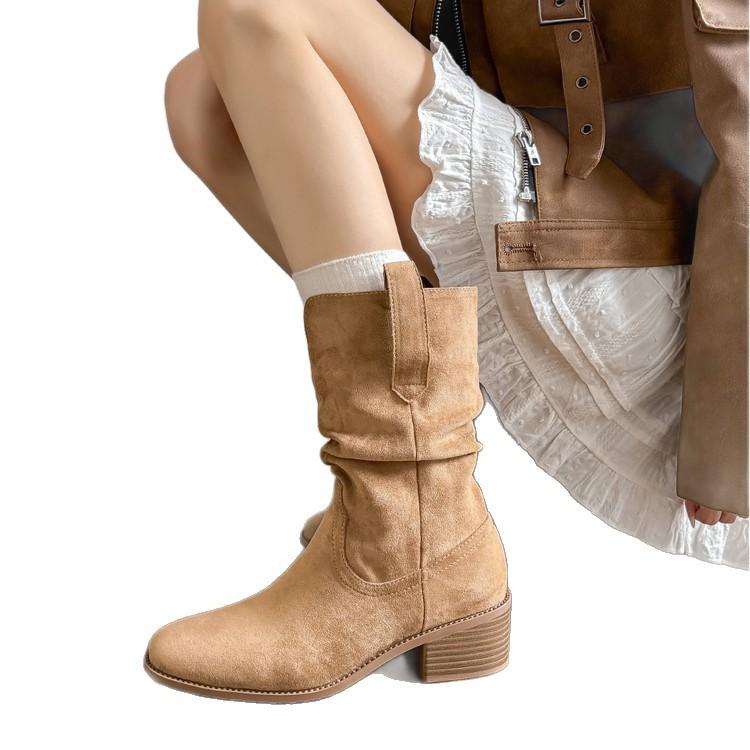 Blue Cabinet Version! Western Pleated Short Boots Women's Pile Boots Retro British Style Small Man Inner Height Increase Medium Tube Martin Boots