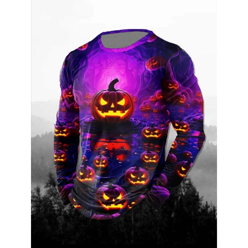 Spring and Autumn Round Neck Halloween Fun Horror Pattern 3D Printed Top Fashionable Casual Long Sleeved Men's T-shirts