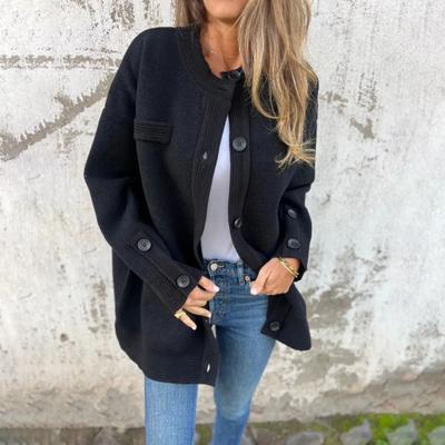 Winter Women Jacket Single-breasted Mid Length Thick Solid Color Outerwear Long Sleeves Plus Size Round Neck Cardigan Daily Wear Jacket