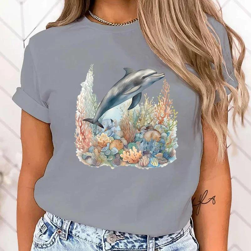 Premium T-shirt Funny Dolphin Print T-Shirts For Women Summer Round Neck Tee Shirt Femme Fashion Casual T-Shirts Fast Delivery