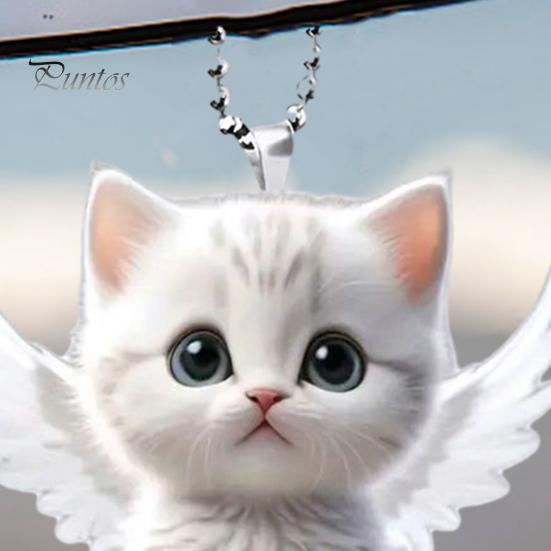 Angel Cat Pendant Rearview Mirror Ornament Car Decoration Cute White Kitten Pendant with Lanyard Whimsical Charm