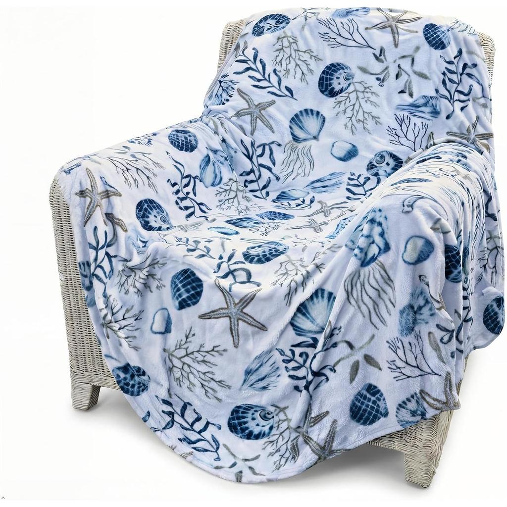 Coastal Starfish Seashell Coral Flannel Throw Blanket, Blue Ocean Nautical Print Soft Warm Lightweight Blanket for Sofa Bed Beach Home Decor Gift