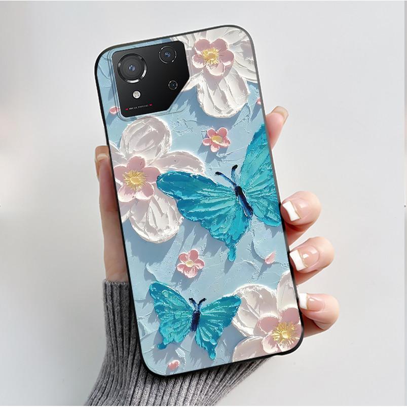 For ASUS ROG Phone 8 Case For ROG Phone 8 Pro Case Capa Soft Silicone Black Shell Cover Cute Flower Cartoon Printing Phone Cases