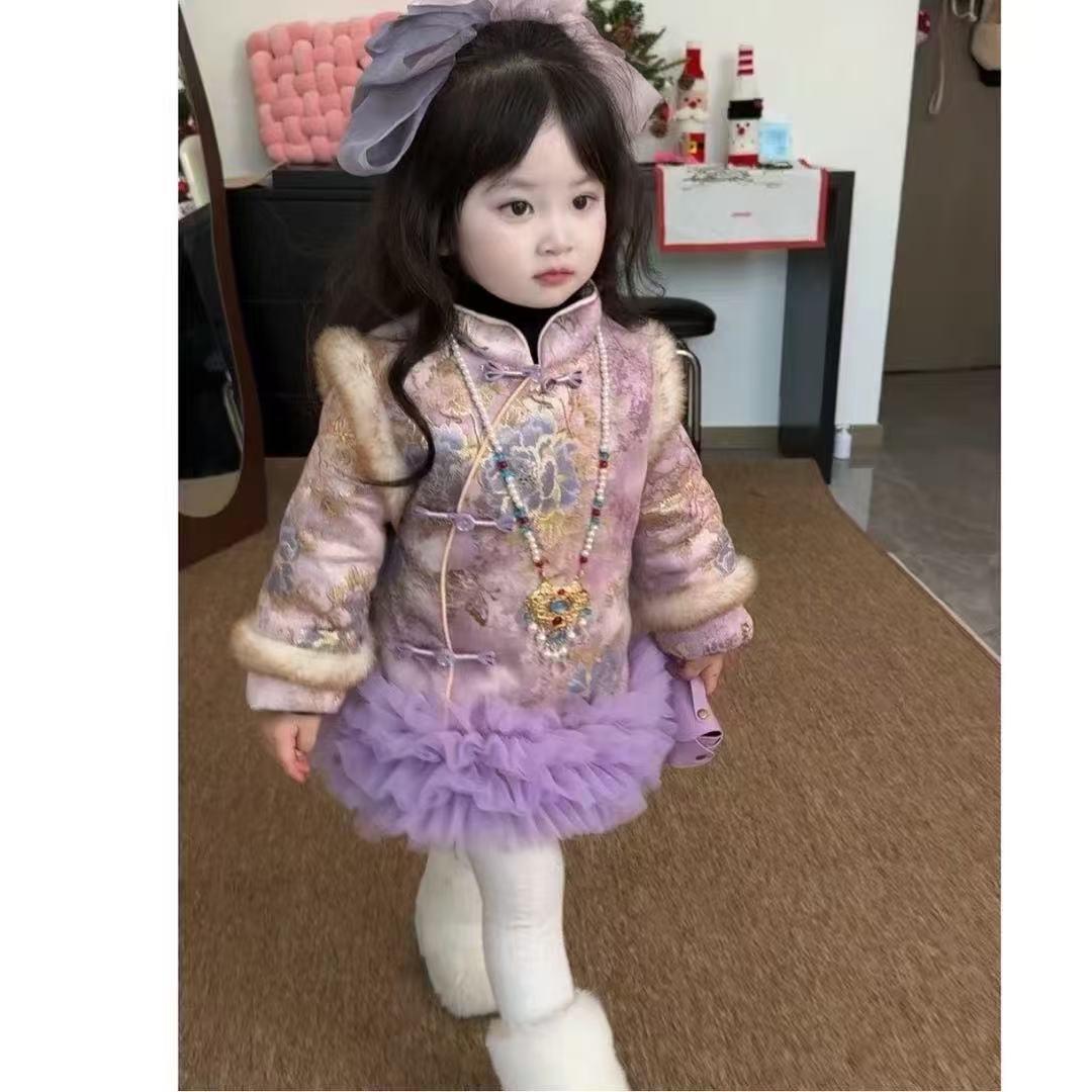 

2025 Fleece-Lined Girls Cheongsam Dress - Thick Tang Suit for New Year’s Celebration 110