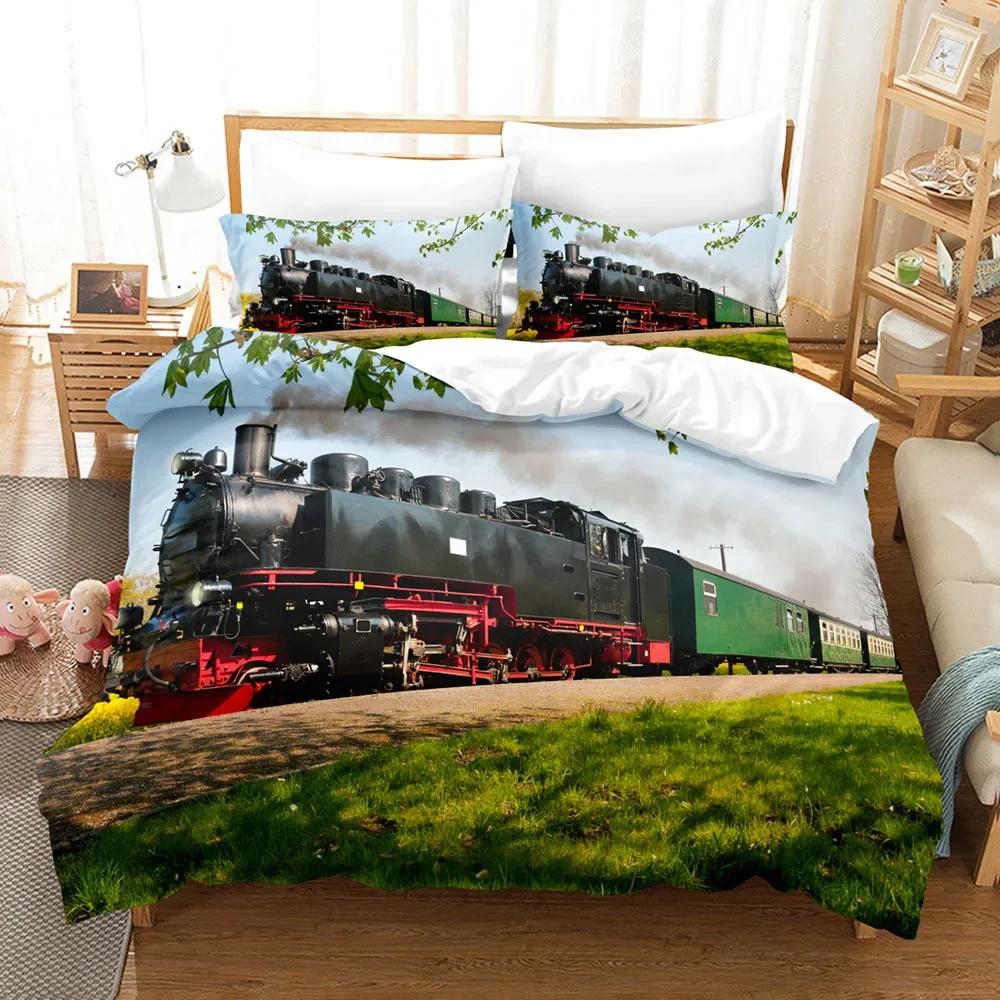 Steam Engine King Queen Duvet Cover Vintage Train Rail Bedding Set For Teens Adults Retro Transportation Polyester Quilt Cover