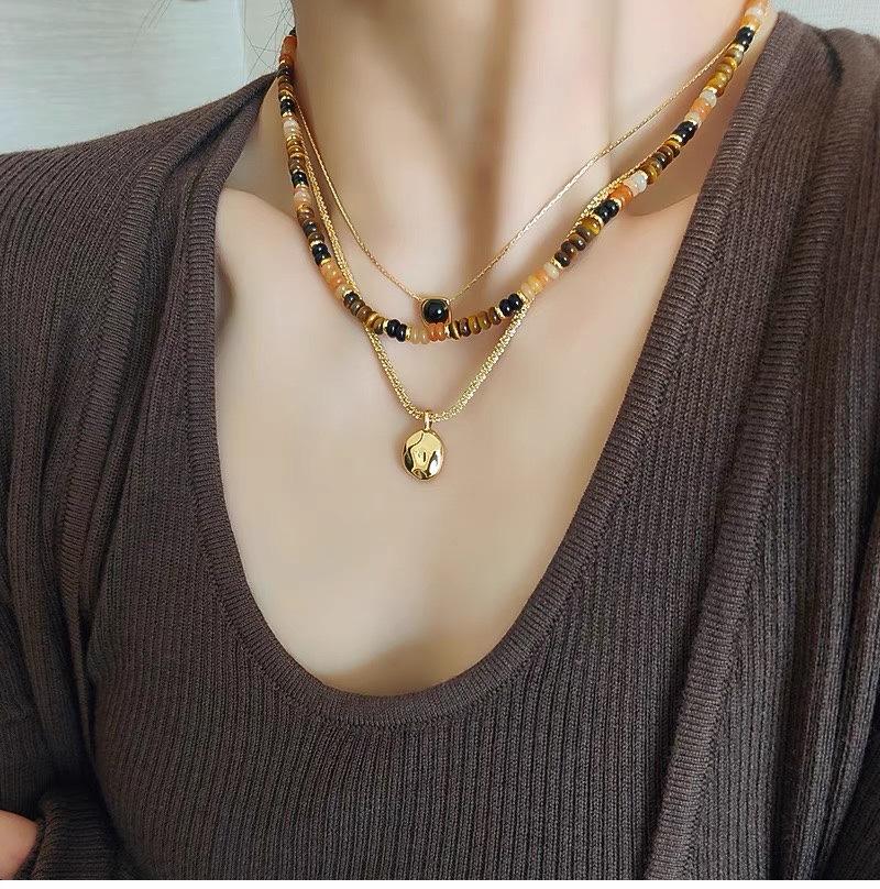 Melad Coffee Colored Tiger Eye Stone Bead Necklace, Niche Retro Collarbone Chain, Personalized and Fashionable Design Accessory