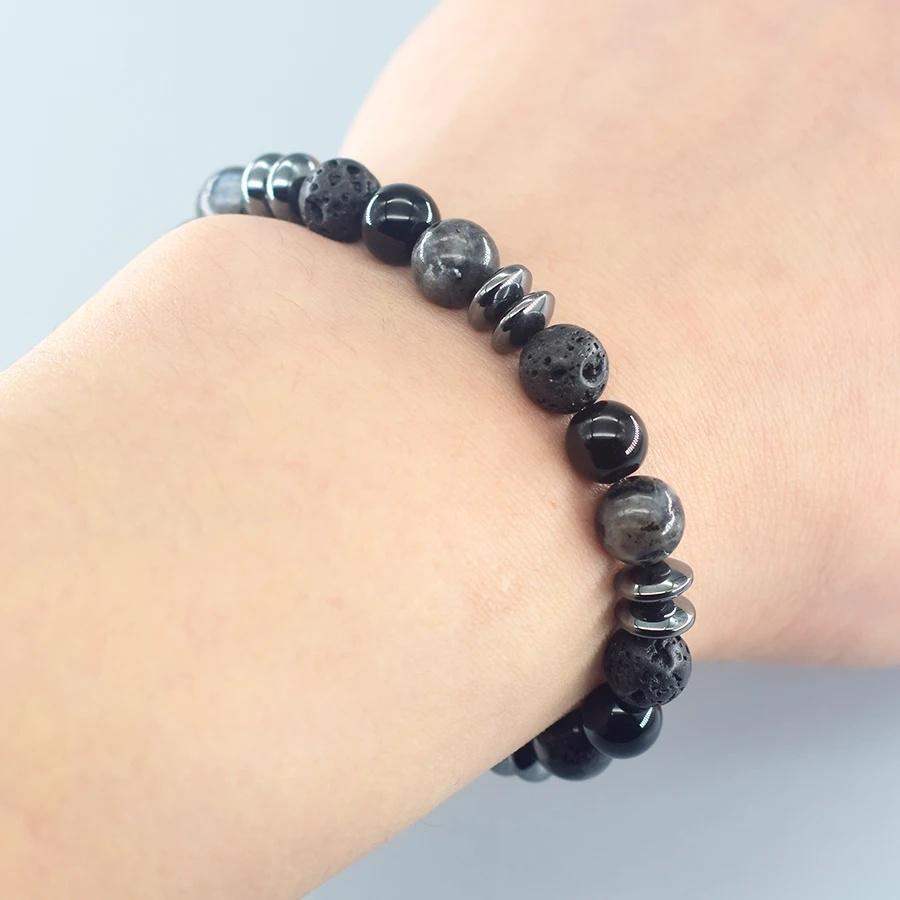 Klassisches Schwarzes Natürliches Labradorit Vulkangestein Perlen Armband Damen Herren Spiritueller Schutz und Energetische Balance Schmuck