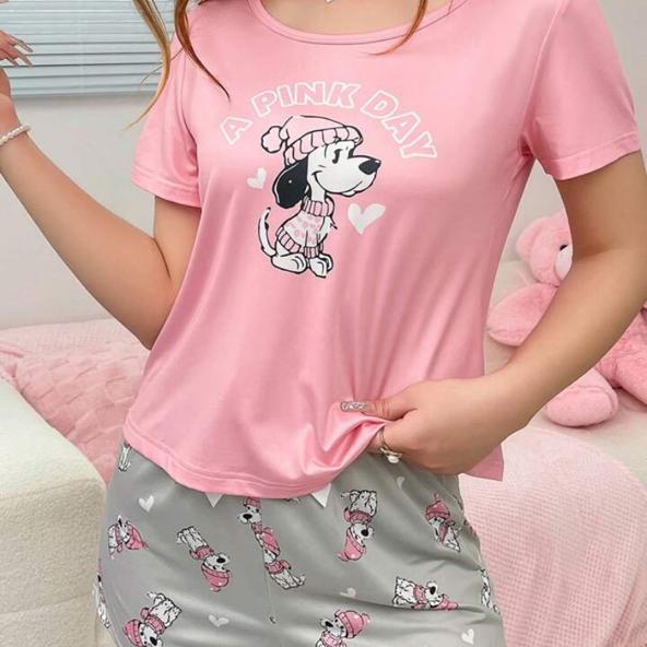 

Cartoon Puppy Printed Loungewear Set Short Sleeve Shorts Comfortable Pajamas L розовый