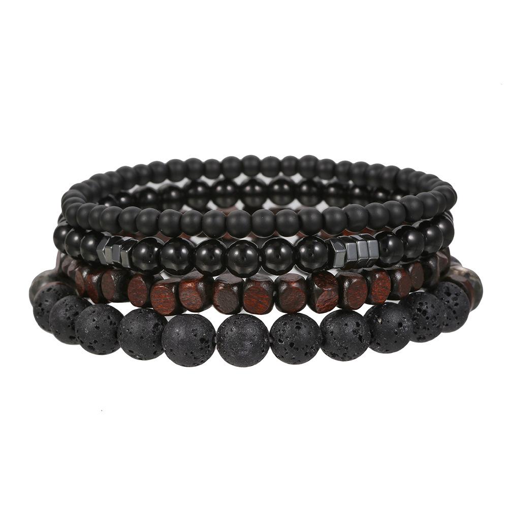 Bracelet Jewelry, Black Gallstone, Volcanic Stone, Wooden Beads, Multi-layer Men's Bracelet Combination Set, Elastic Bracelet.