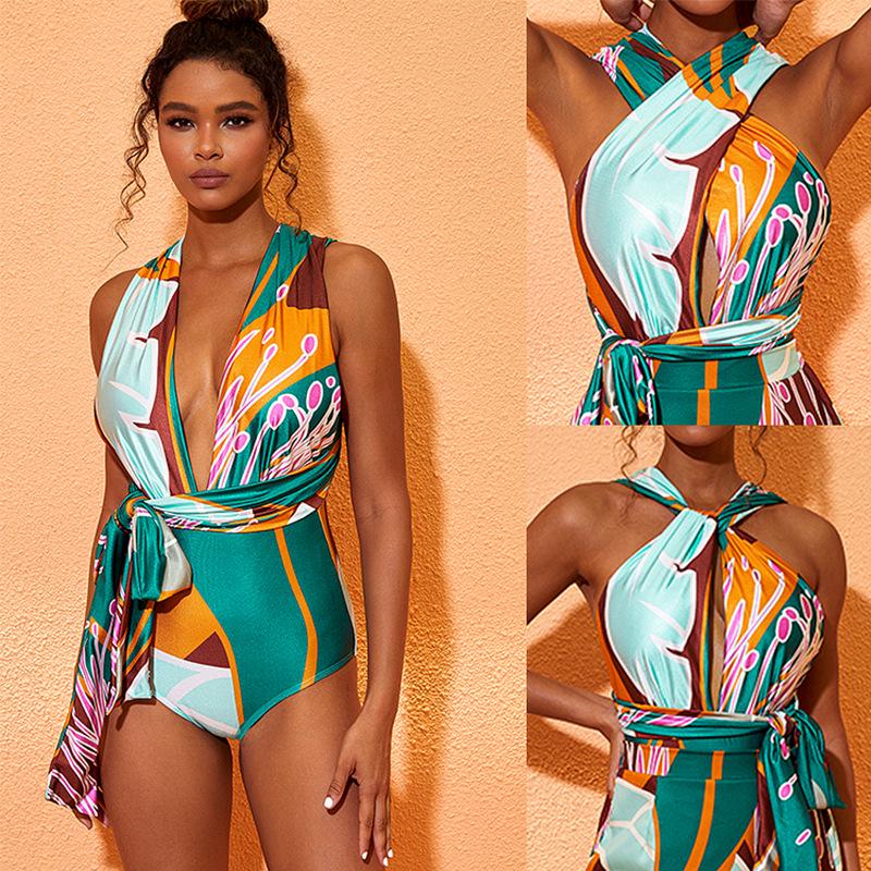 2024 Women's Halterneck Print Multi-Wear One-Piece Swimsuit - Stylish European & American Design