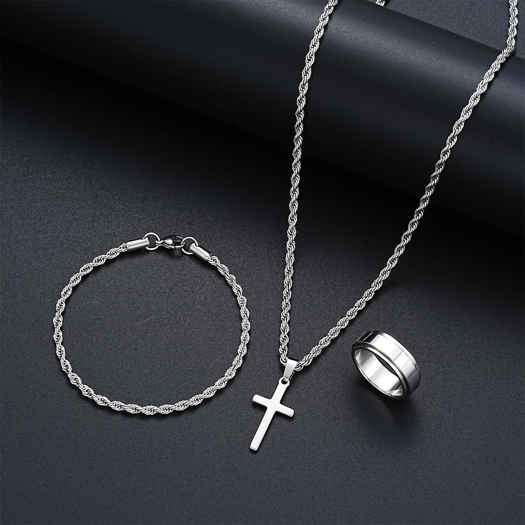 Stainless Steel Simple Jewelry Set For Men Women Fashion Silver Color Cross Pendant Twisted Rope Necklace Bracelets Ring Gifts