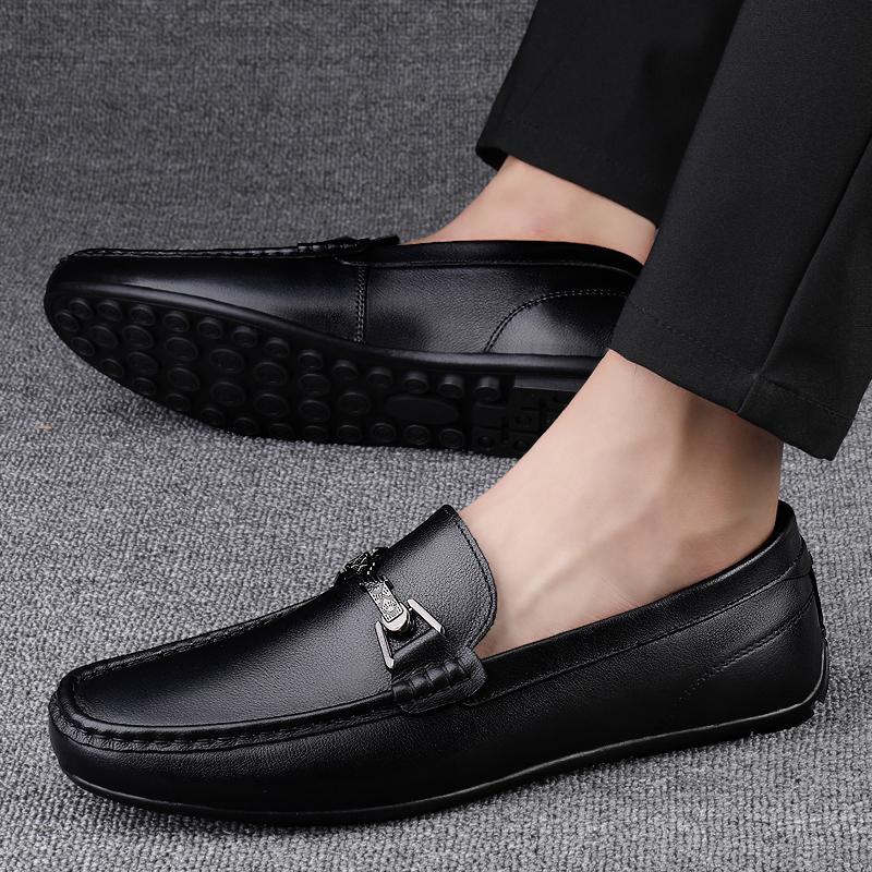 Fashionable New Men Top Layer Cowhide Comfortable Soft Sole Bean Shoe Spring Men Breathable Low Top Business Casual Leather Shoe