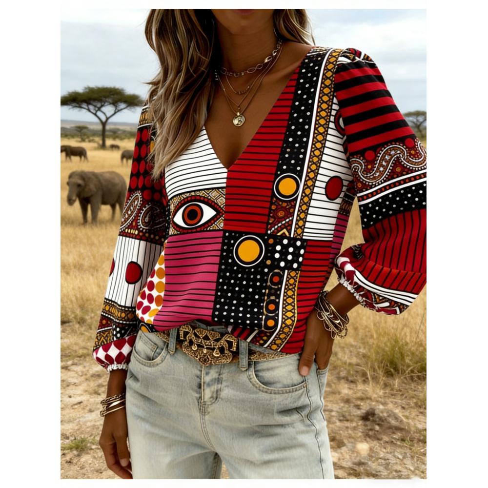 

Retro Western Bohemian V-neck Long Sleeve Top with Printed Lined Sleeves - Women s Party Dress, Suitable for Summer Vacations and Outdoor Parties S