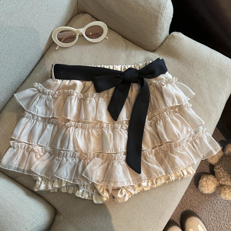 Bow Tie Tulle Tiered Mini Skirt High Waist A-Line Fluffy Cake Skirt QT2881