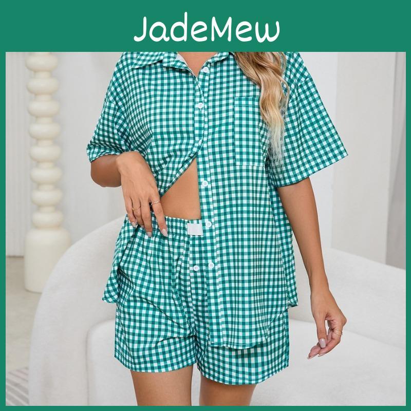 Yyfs Summer Casual Fashion Womens Spring Plaid Print Short Sleeve Polo Neck Trousers Pants Suits