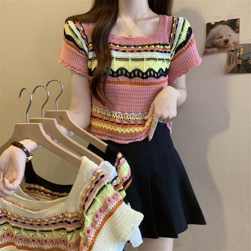 

Вязаный свитер в стиле отпуска Collision Color Rainbow Striped с короткими рукавами, летние тонкие топы для женщин, повседневные, облегающие, футболки One Size розовый