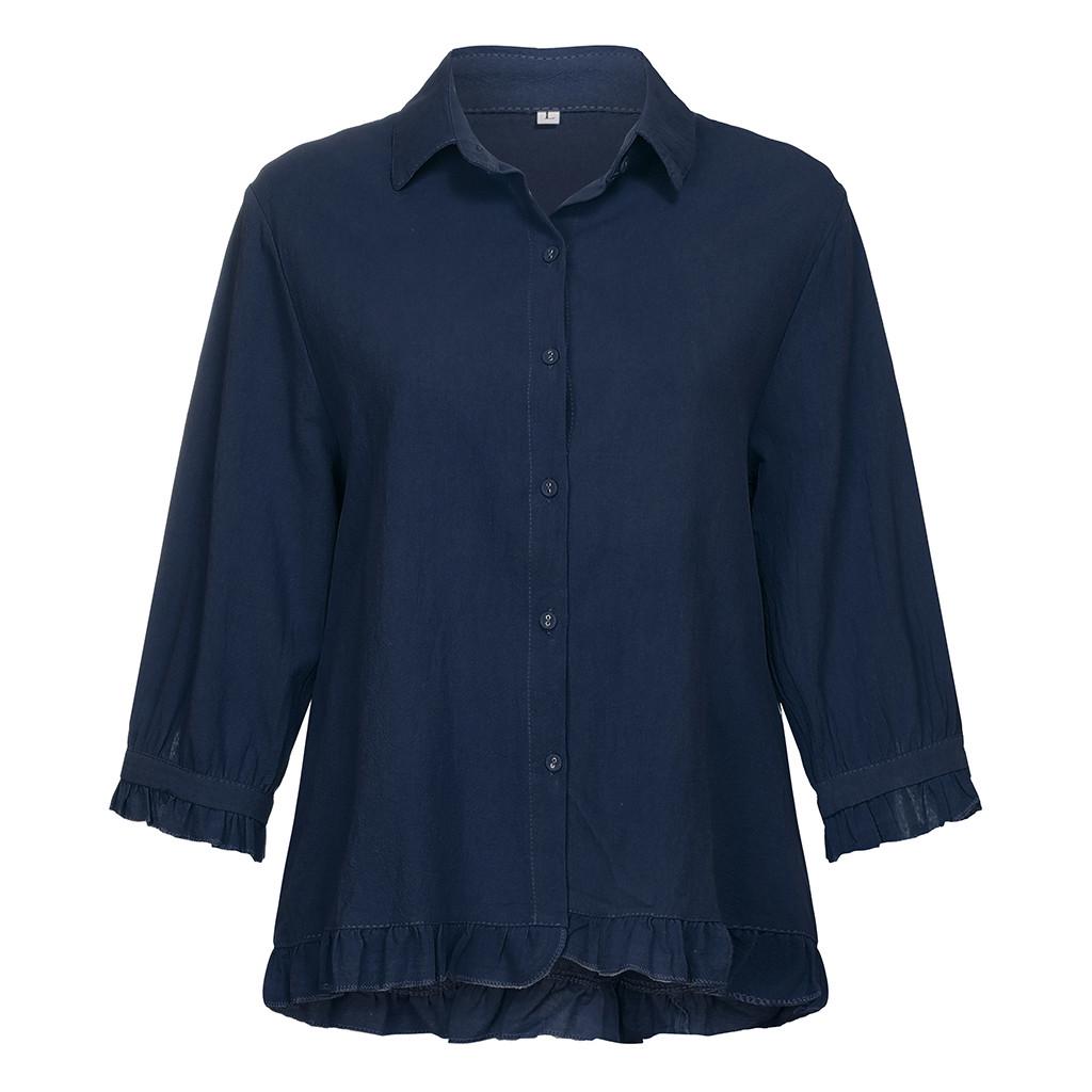 Women Lace Button Turn Down Collar Middle Sleeve Color T-Shirt Top Blouse