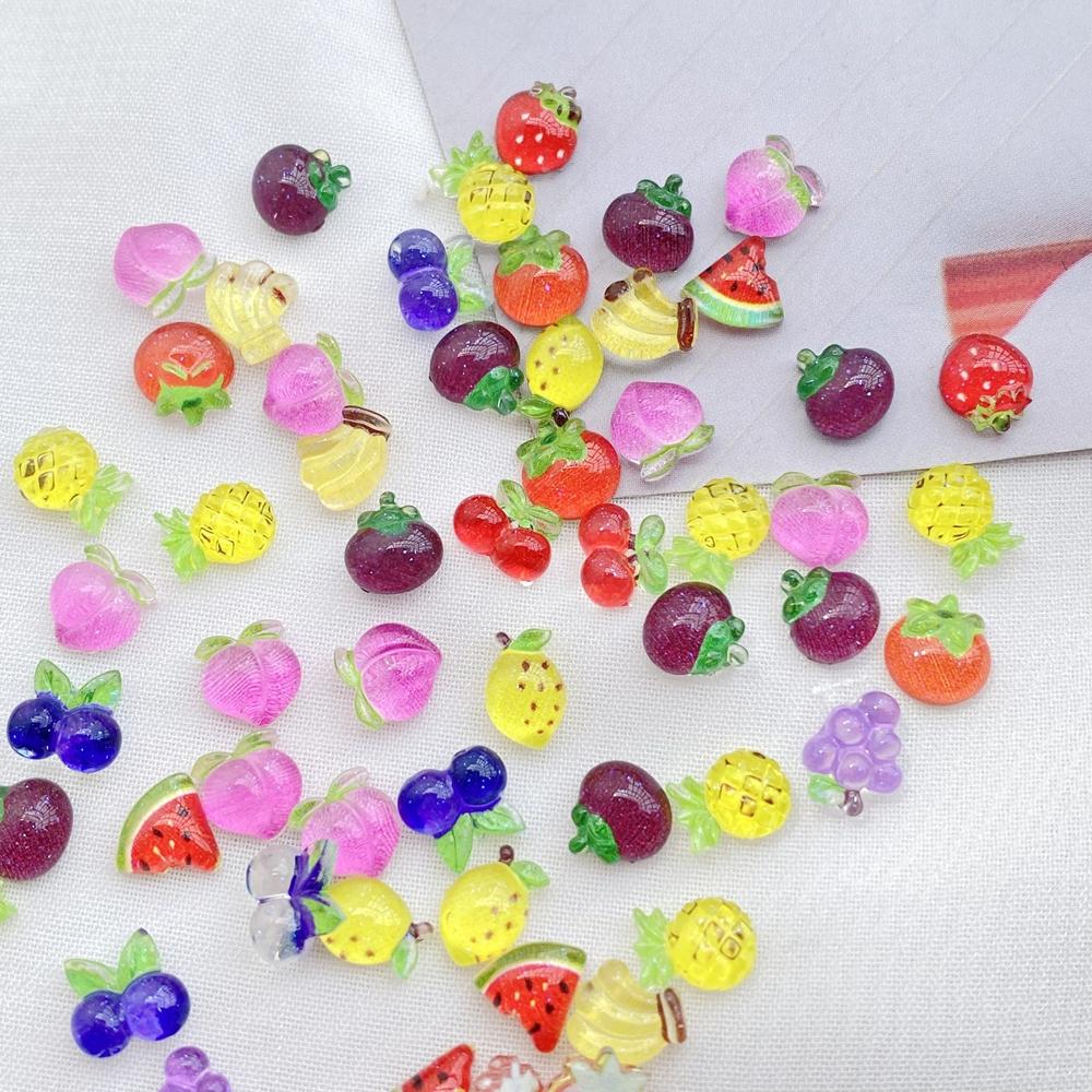 50Pcs New Cute Resin Small Strawberries, Cherries, Grape Fruits Flat Back Ornament Jewelry Making Manicure Hairwea