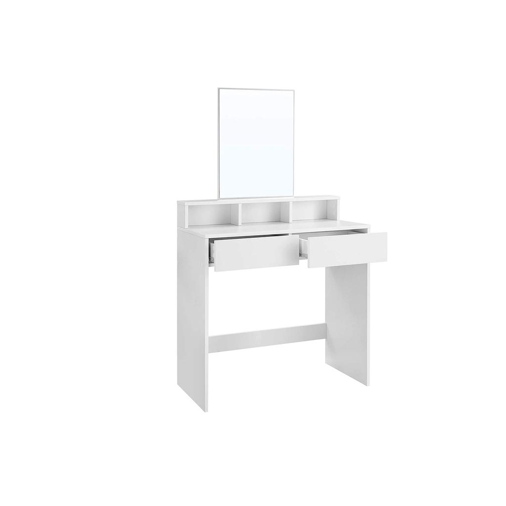 VASAGLE Dressing Table with Large Rectangular Mirror, Makeup Table with 2 Drawers and 3 Open Compartments, Vanity Table, Modern Style, White