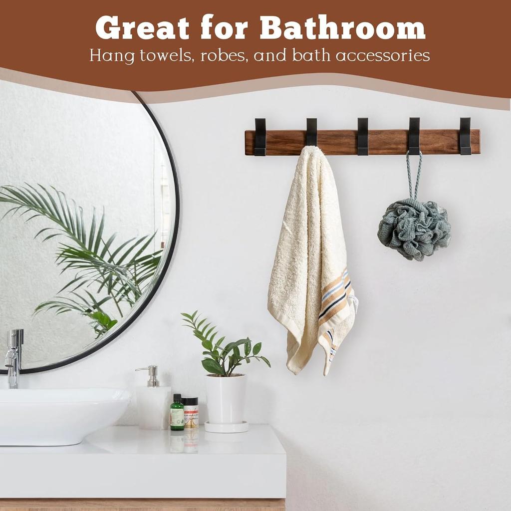 17.3'' Wall Mounted Coat Rack with 5 Hooks - Solid Walnut Wood Towel Rack for Bathroom, Entryway Hat Hanger, Space-Saving Farmhouse Decor for