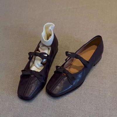 Soft Leather Version~ Square Head Retro Bow Mary Jane Shoes Women's Shallow Mouth One Pedal Low Heel French Ballet Style Single Shoes