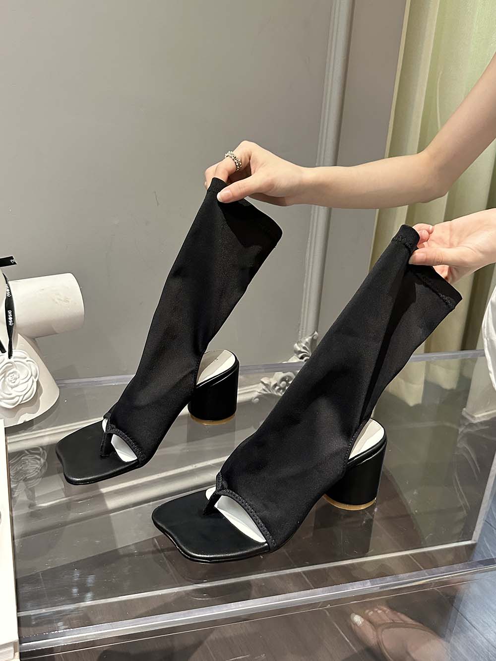 

мода Модные женские босоножки, сапоги, летние эластичные сапоги с застежкой-молнией, ботильоны-носки, толстые высокие каблуки, без застежек, розовые, черные, для вечеринок, эластичные сапоги 8