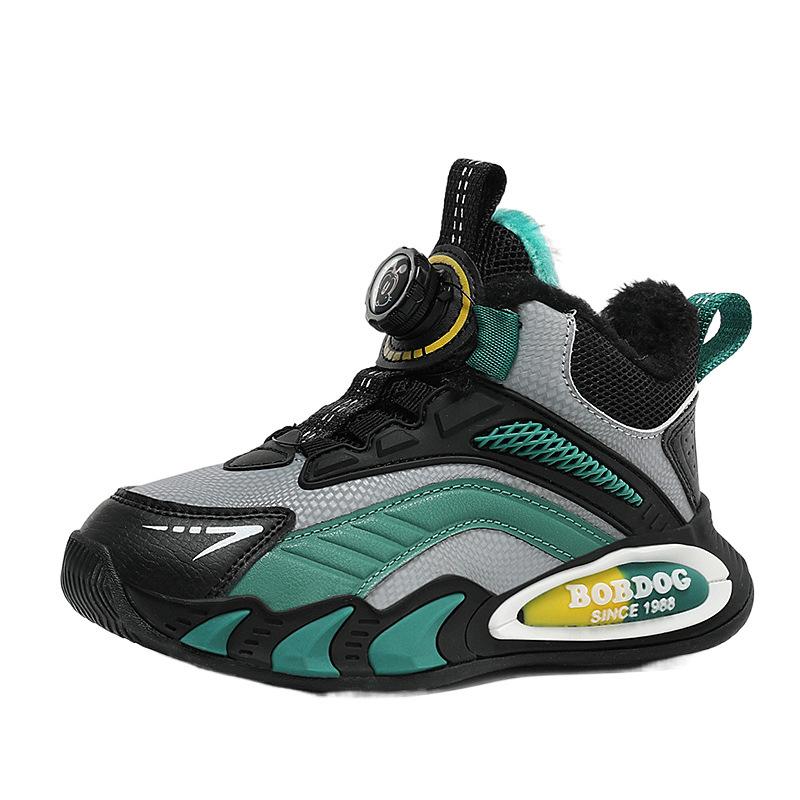 Babu Bean Classmate Boys Fleece Leather Surface Waterproof Sneakers Girls Running Shoes Middle Older Children Rotary Buckle Mesh Shoes