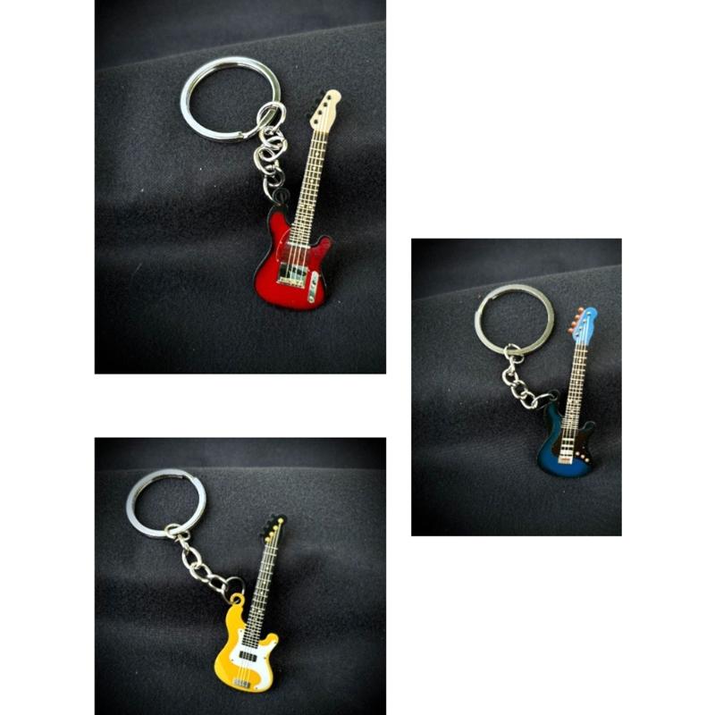 Metal Color Stainless Steel Guitar Car Keychain Small Fresh Novel Round Buckle Accessories Student Bag Pendant Decor