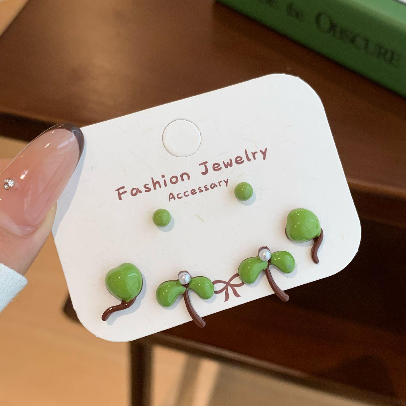 

Набір зелених мультяшних сережок: Осінньо-зимова колекція для студентів - милі універсальні срібні шпильки