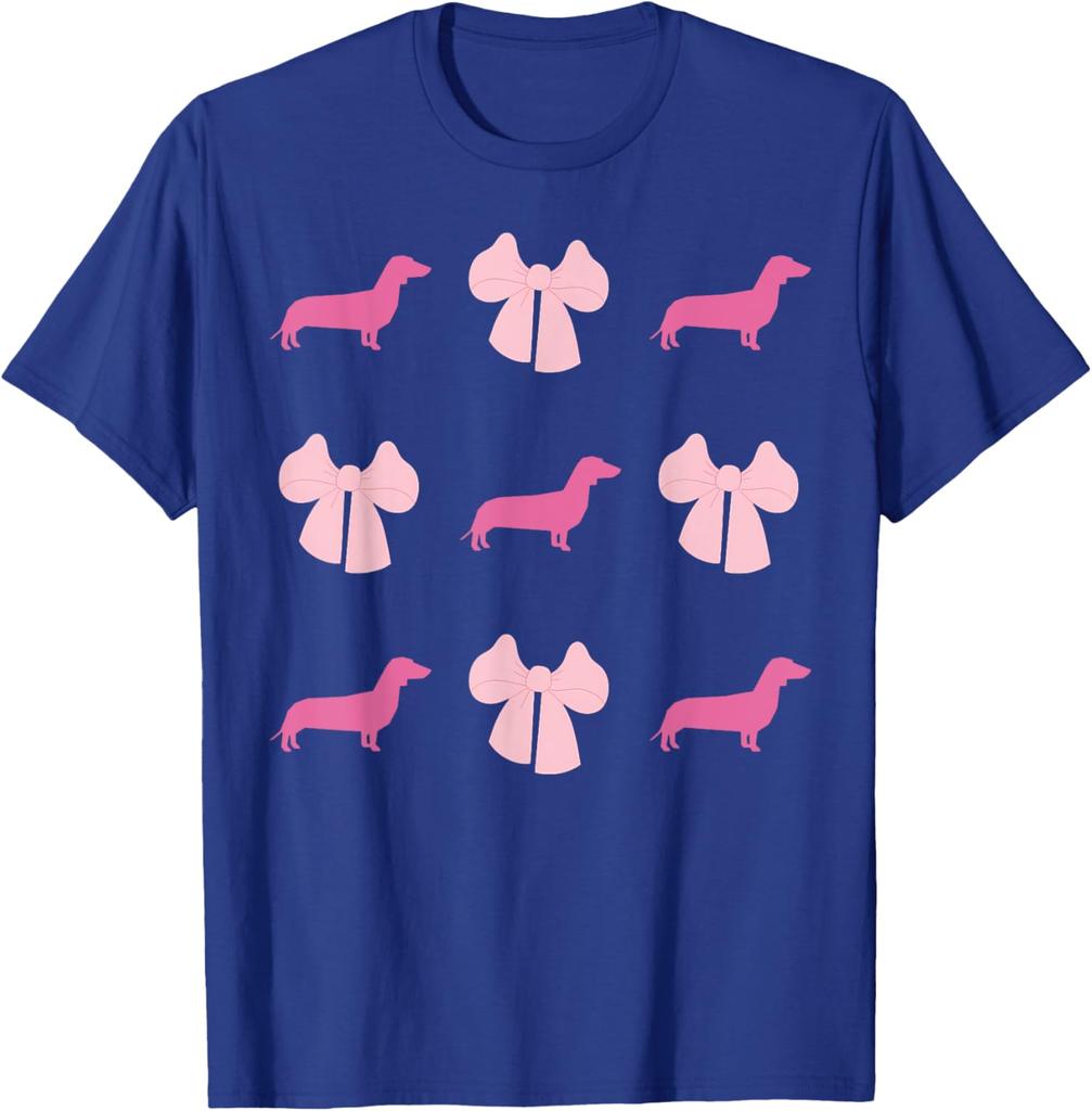 Pink Dachshund Bow Pattern Graphic Tee Cute Wiener Dog Lover Short Sleeve T-Shirt