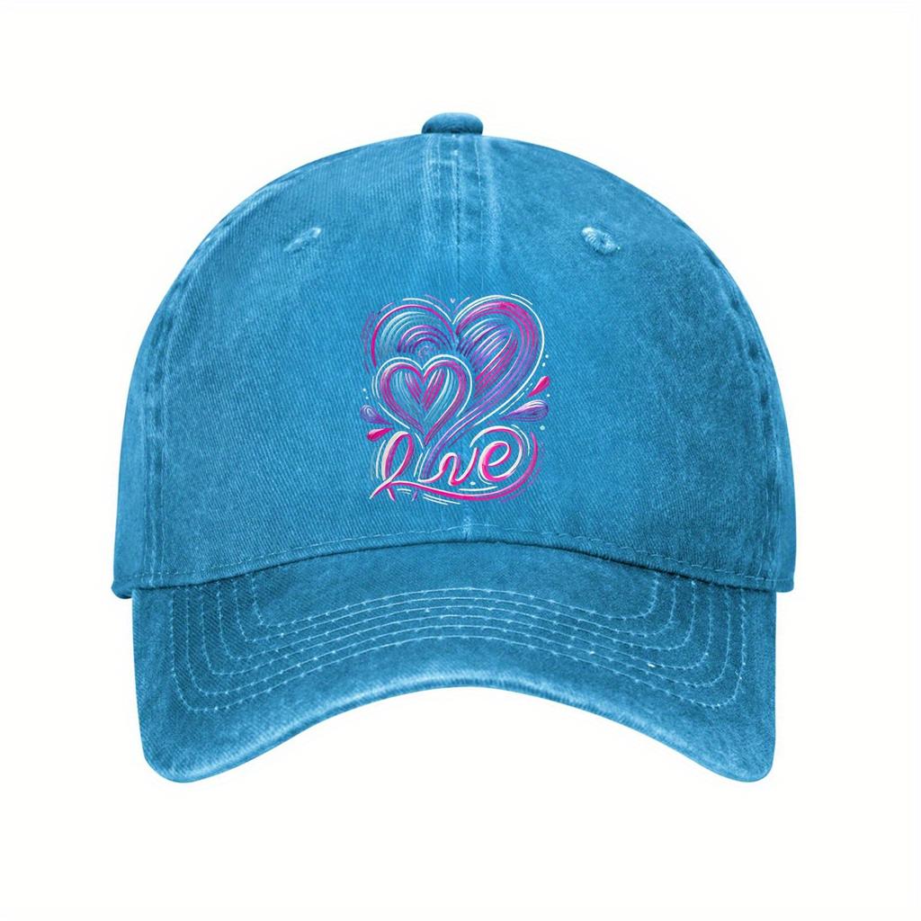 Colorful Love Heart Graphic Washed Denim Baseball Cap Unisex Cotton Casual Adjustable Outdoor Sports Hat