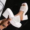 Large Size One-word Cool Slippers Summer New Solid Color Woven Hollow Square Head High Heels Thick-soled Thick-heeled Slippers