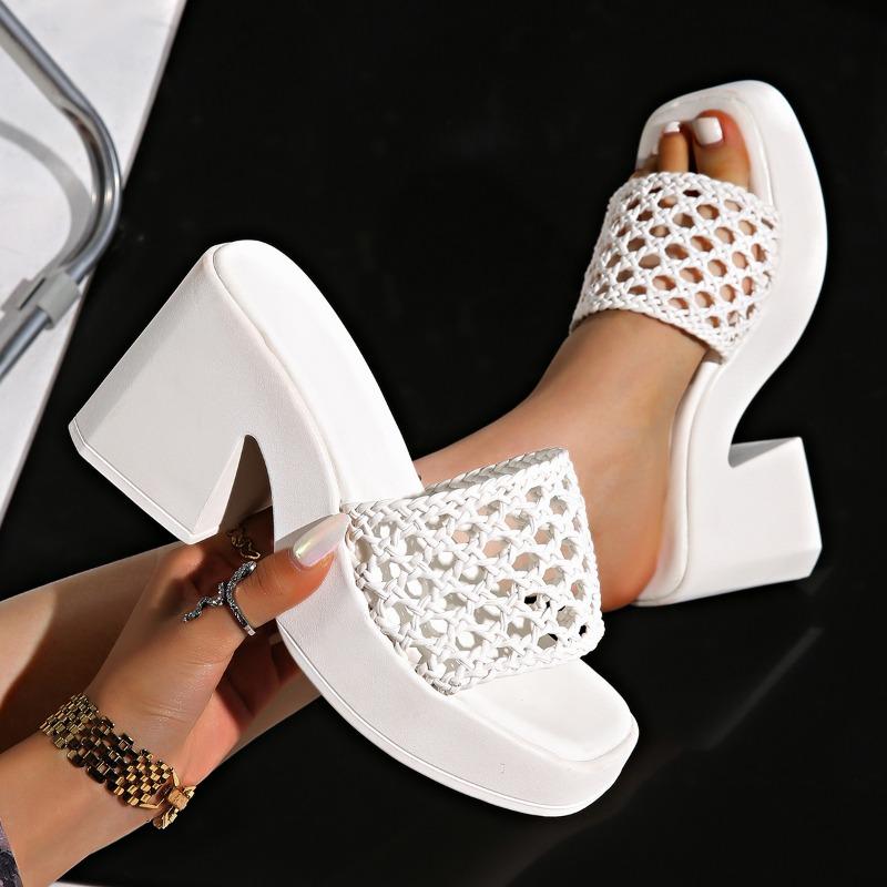 Large Size One-word Cool Slippers Summer New Solid Color Woven Hollow Square Head High Heels Thick-soled Thick-heeled Slippers