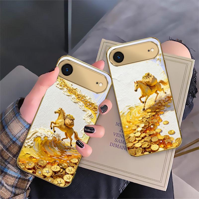 golden galloping horse For IPhone 17Pro Max 16 17 Pro 15 Pro 14 13 Plus 12 Mini 11Pro Max XR 16E 17 Air Golden glass phone case