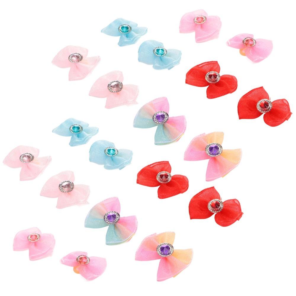 20pcs Organza Ribbon Dog Bow Hair Ties Rhinestone Inlay Pet Bow Rubber Bands Dog Beauty Styling