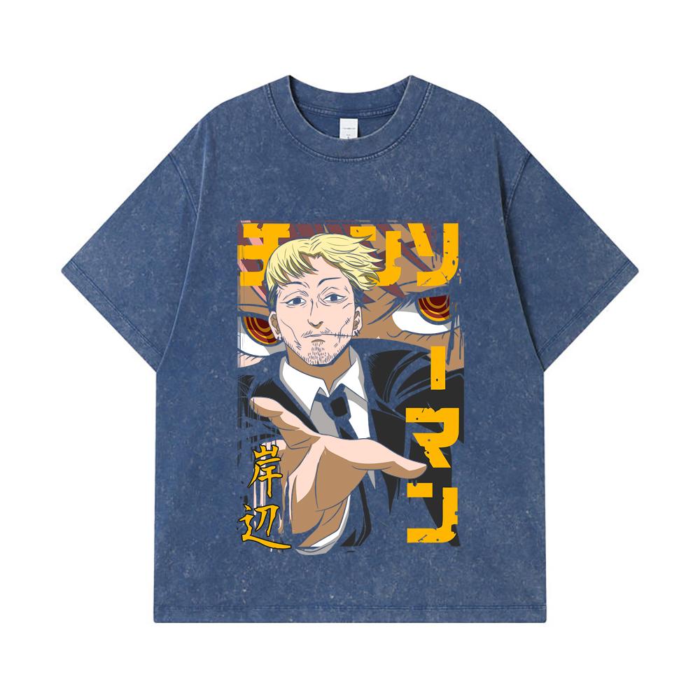 

275 GSM Washed T-shirts 100% Cotton Chainsaw Man V25 Kishibe Print Unisex Heavy Cotton T Shirt 2XL королівський синій колір