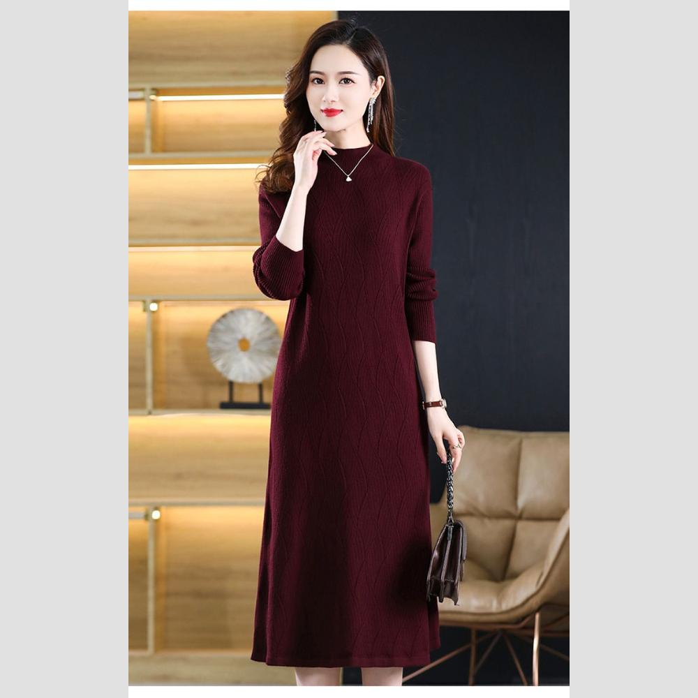 Jednobarevné pletené svetrové šaty střední délky pro ženy s polovičním rolákem, volné, s dlouhým rukávem, pletené svetrové šaty na podzim a zimu