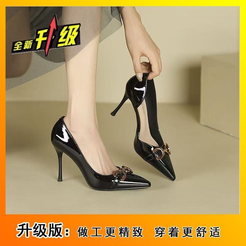 Sexy patent leather metal buckle pointed single shoes spring and autumn new design sense niche high heels women