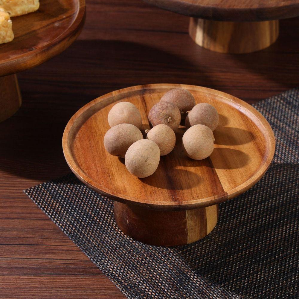 Household High-Footed Cake Plate Practical Acacia Wood Fruit Plate  Living Room
