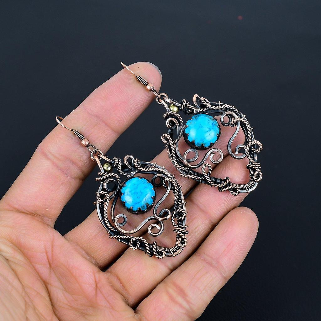 Sleeping Beauty Turquoise Earrings, 999 Copper Wire Wrapped Gemstone Jewelry, Handmade Earrings, For Thanksgiving