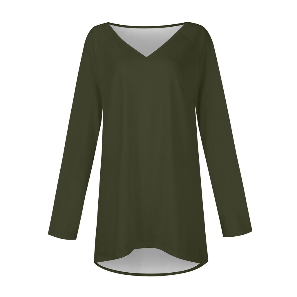 Women's Fashion Casual T-shirt Color Long Sleeve V-neck Medium Long Top