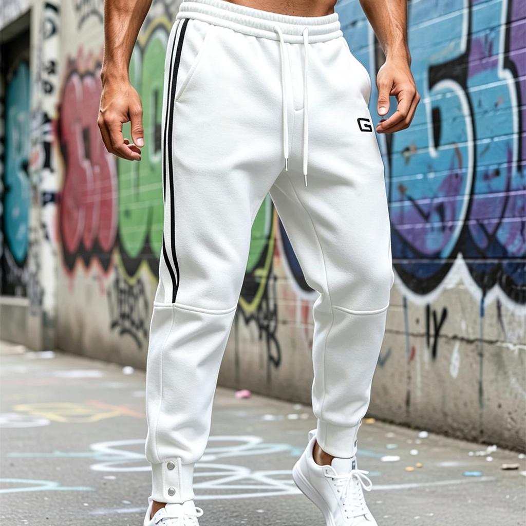 Men's Casual Striped Pants with Webbing Design, Loose Fit Tapered Joggers for Spring and Summer