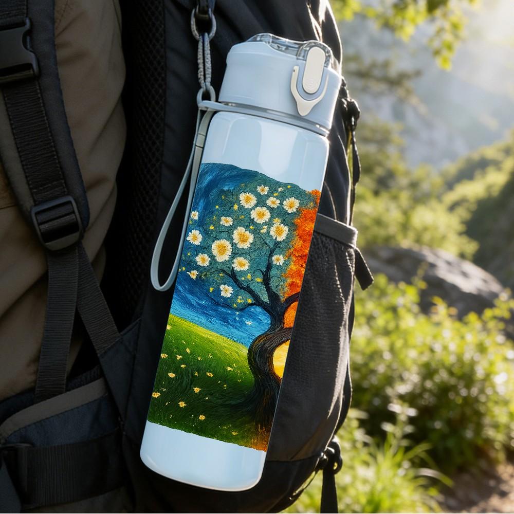 1PC Autumn Tree Split Color Watercolor 750ml Color Plastic Sports Water Bottle Leakproof Flip Straw Lid Suitable for Sports Office Home Use