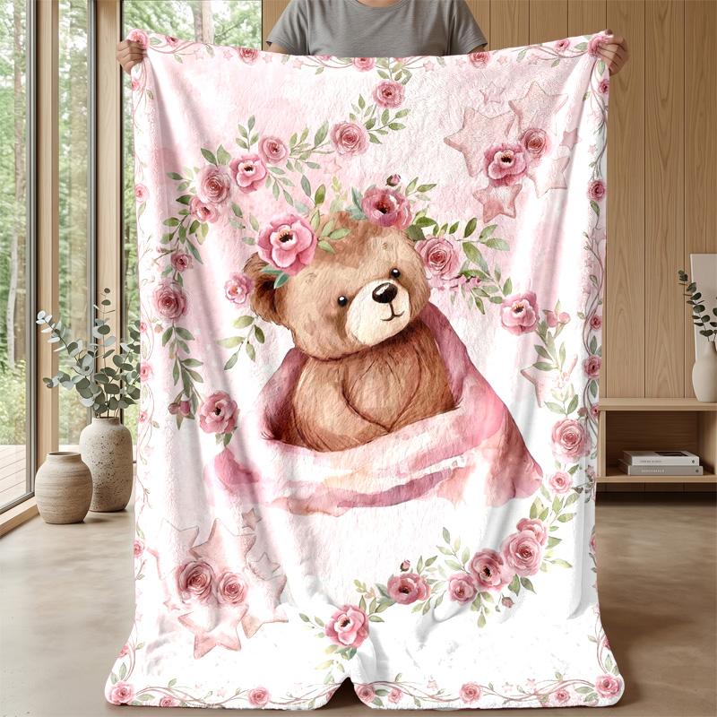 Teddy Bear On Moon with Lantern Theme Blanket Lightweight Warm Flannel Blanket Decorative Throw Blanket for Home Decoration